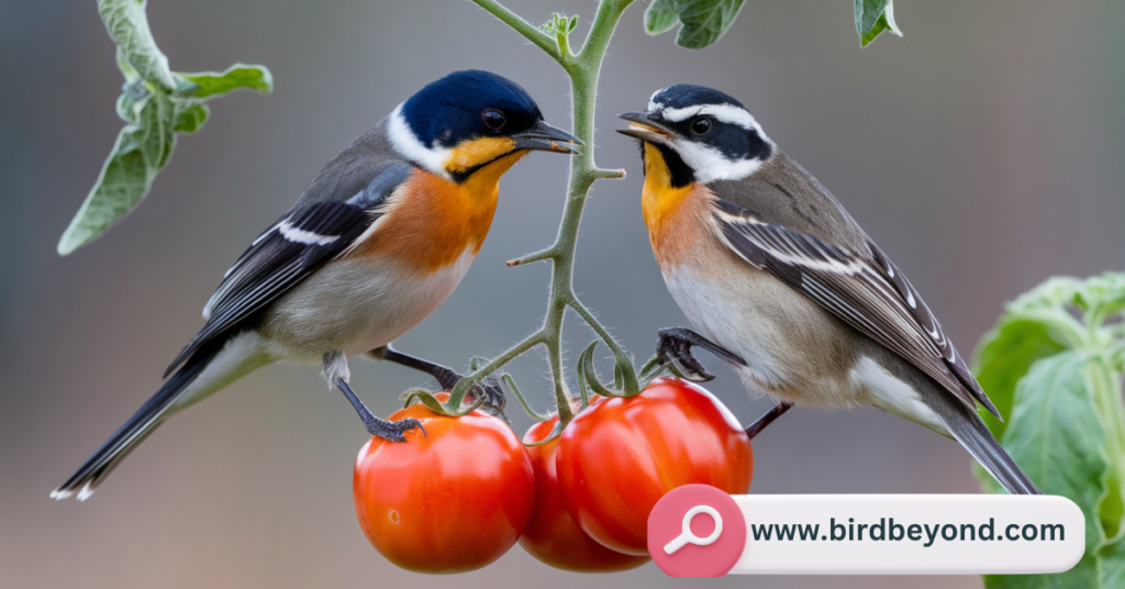 A peaceful garden scene where birds coexist with tomatoes, offering insights from ornithologists and master gardeners on how to manage birds' attraction to tomatoes.