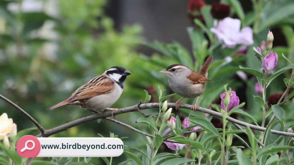 A wren and a sparrow in a lush garden, illustrating how to attract both species with food, shelter, and water sources.