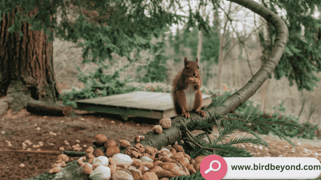 A healthy squirrel foraging for nuts and seeds among natural foliage, illustrating the balance between providing help and preserving the ecosystem.