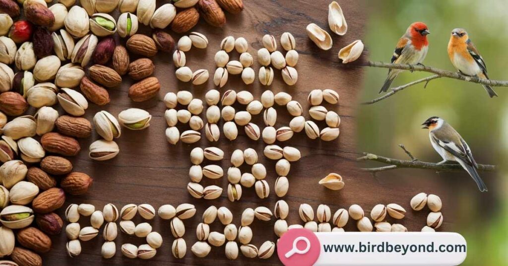 A colorful parrot eating pistachios from a feeder, showing bird species that can safely consume these nutritious nuts.