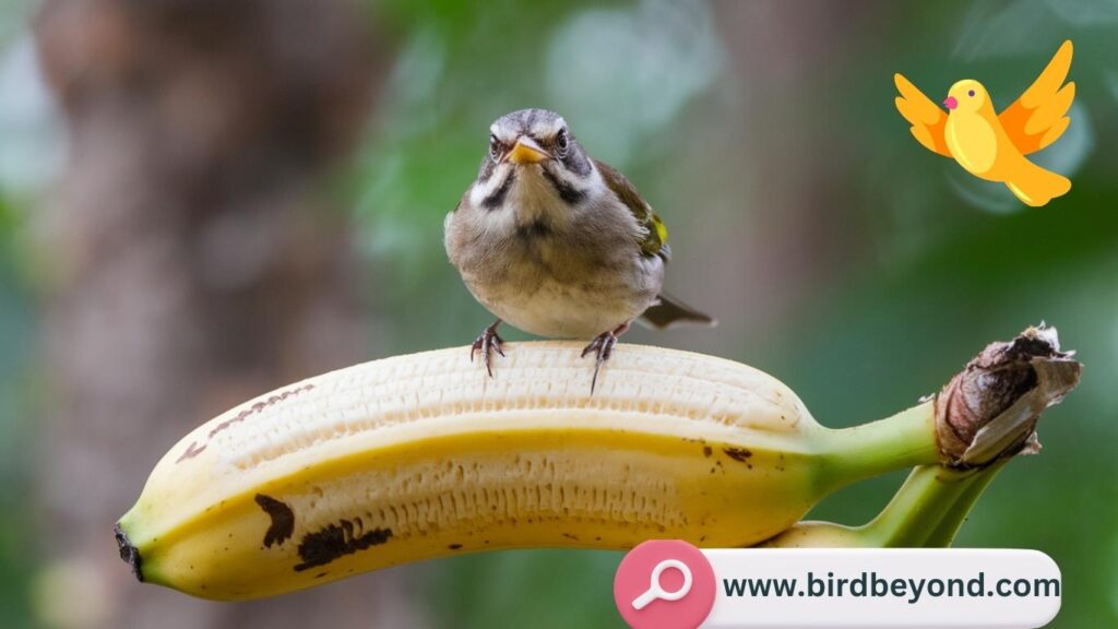 A colorful assortment of birds gathered around a banana feeder, enjoying slices of banana as a tasty treat