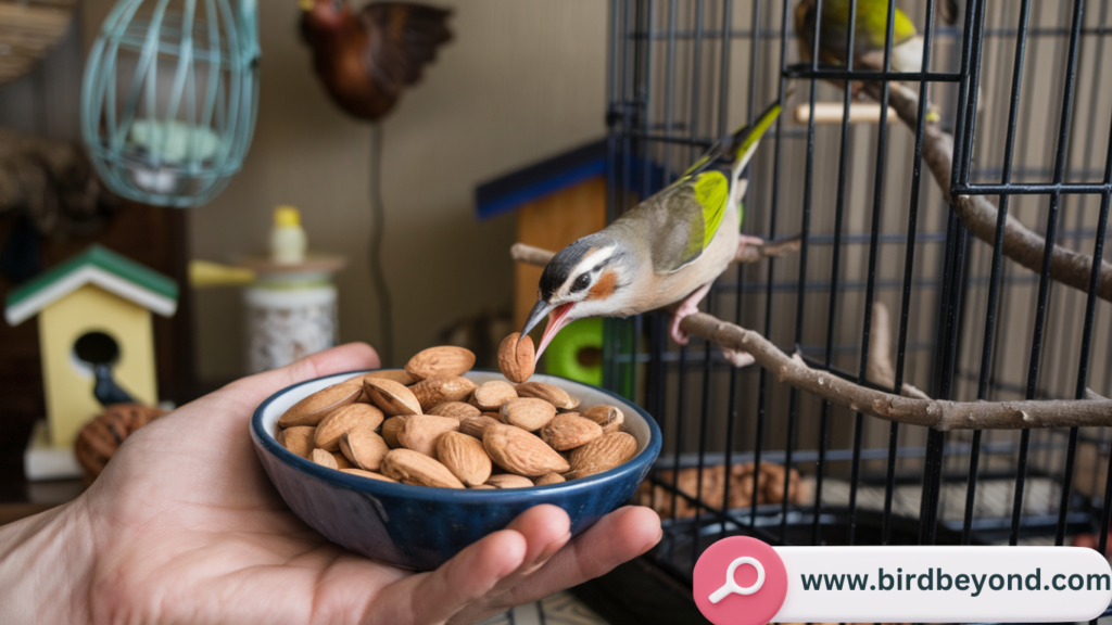 A variety of bird species feeding on almonds placed on a bird feeder in a garden setting.