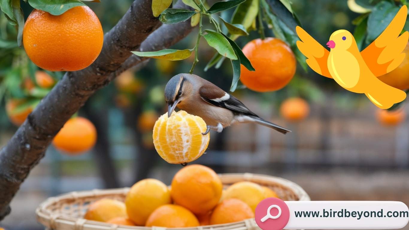 A vibrant bird enjoying a slice of orange, showcasing the suitability of oranges as a treat for various bird species