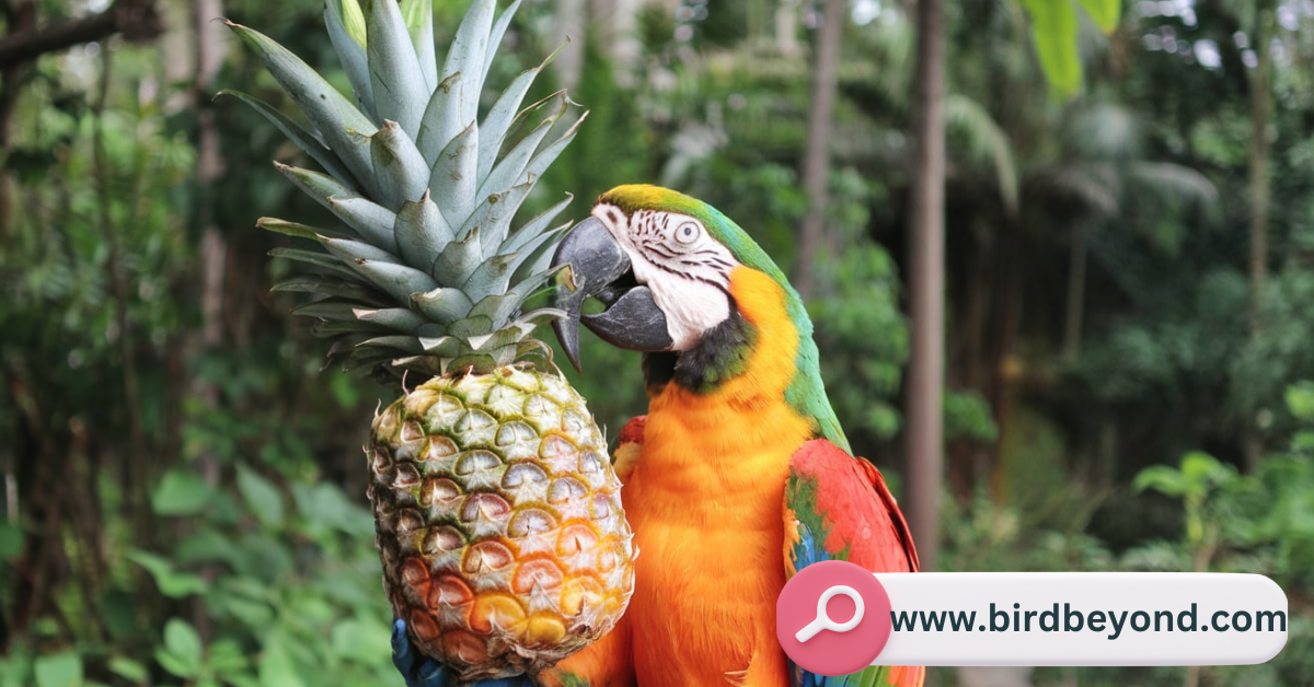 A colorful parrot enjoying a slice of fresh pineapple, showcasing a safe and nutritious treat for birds.