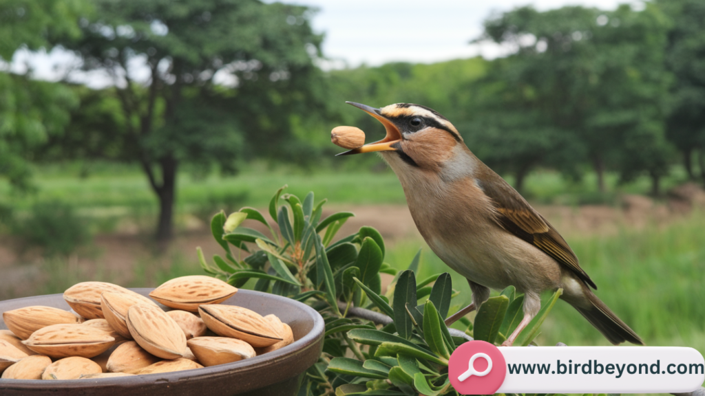 A small bird eating an almond on a tree branch. Safe and healthy almond snack for birds.