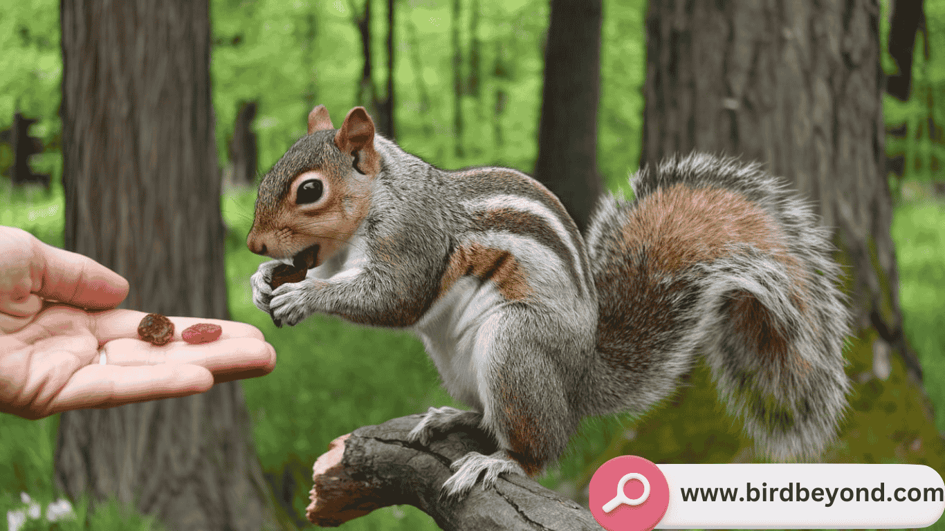 A curious squirrel holding a raisin in its paws, surrounded by a variety of nuts and fruits, showcasing popular snacks for squirrels.