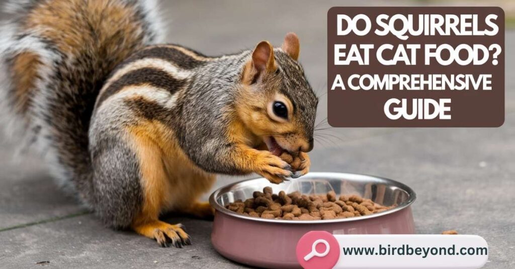 Squirrel eating cat food from a bowl, highlighting why squirrels are attracted to pet food and the health risks involved.