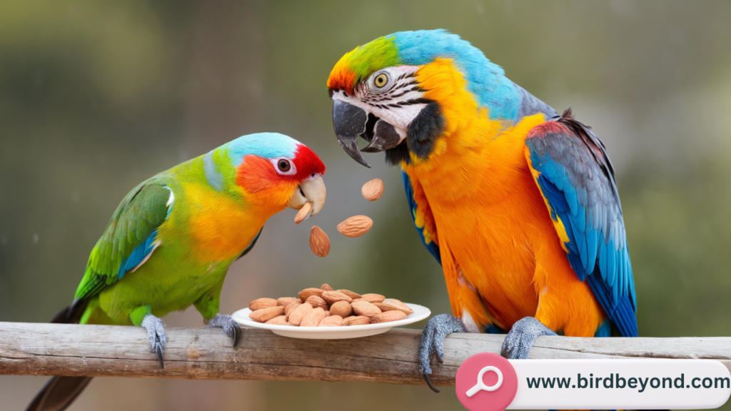 Exotic and caged bird species like parrots and macaws enjoying almonds as a treat in their diet.