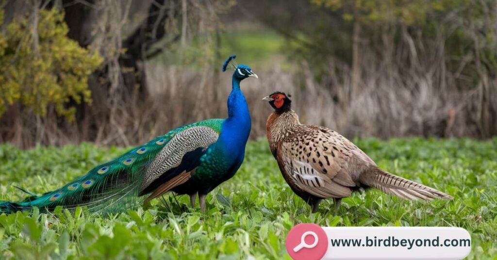 A female bird examining a display of colorful male feathers, symbolizing the concept of female choice in mate selection among avian species