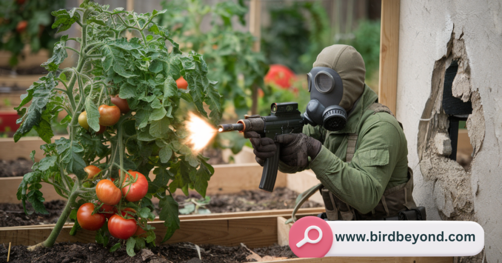 A person in a gas mask and military gear crouches near a tomato plant, aiming a weapon as if defending the garden. The tomato plant is laden with ripe tomatoes in a raised garden bed, while the backdrop shows more garden plants.