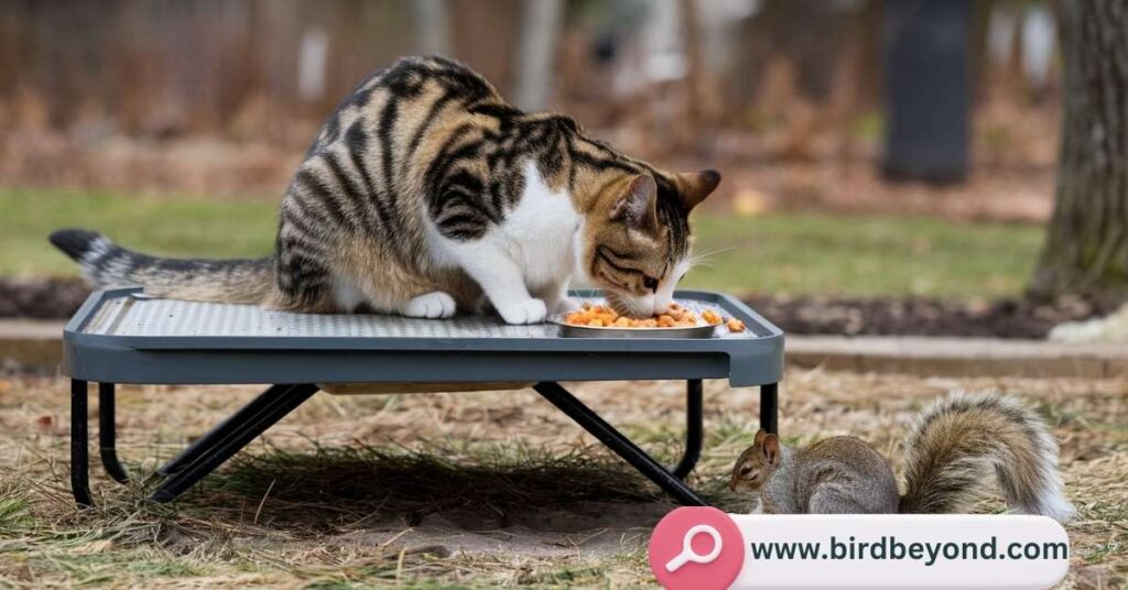 Cat food protected from squirrels with covered bowls and elevated platforms, demonstrating effective ways to prevent squirrels from accessing pet food.