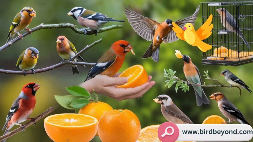 An image showing sliced oranges in a bird feeder, demonstrating the best way to serve oranges to attract birds.