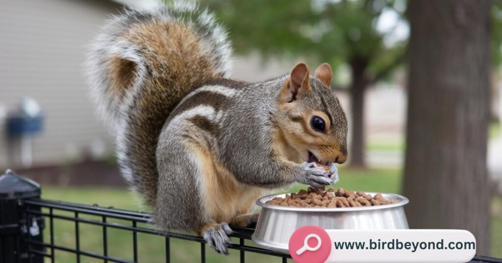 Squirrel eating cat food, highlighting the health risks such as excessive protein, fiber deficiency, and excess fat for squirrels.