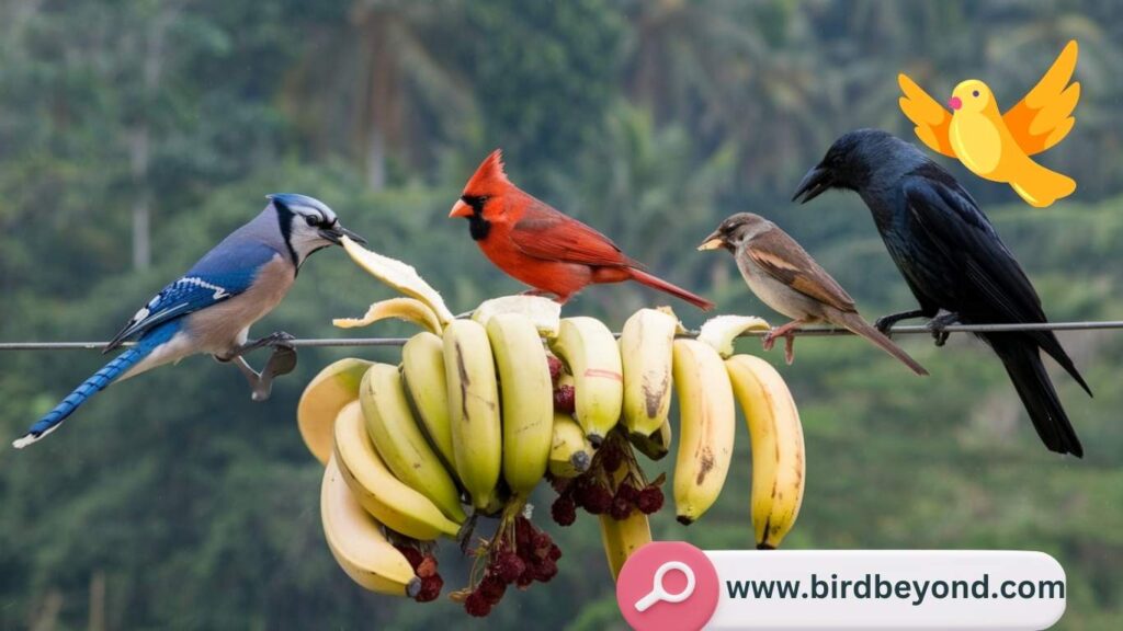 A close-up of a banana being sliced, with a bird observing nearby, emphasizing the nutritional value of bananas for birds.