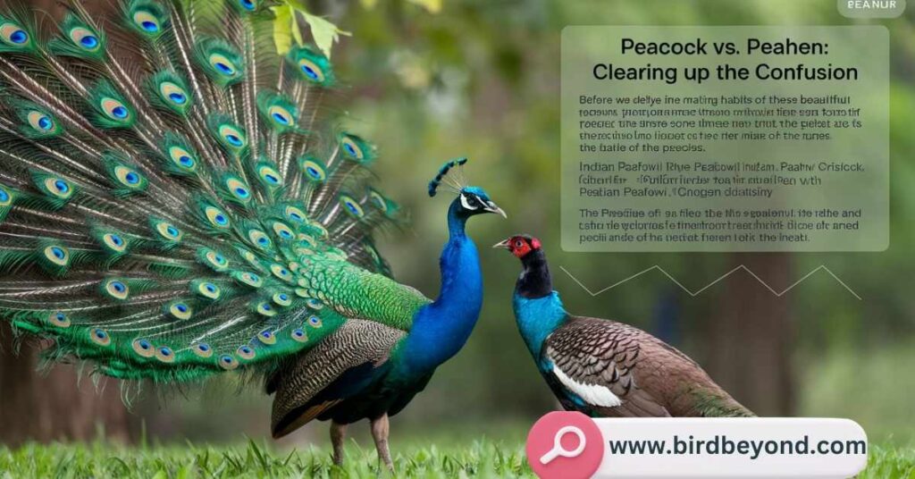 A male peacock with its colorful tail feathers spread wide, alongside a female peafowl, highlighting the differences between these two terms.