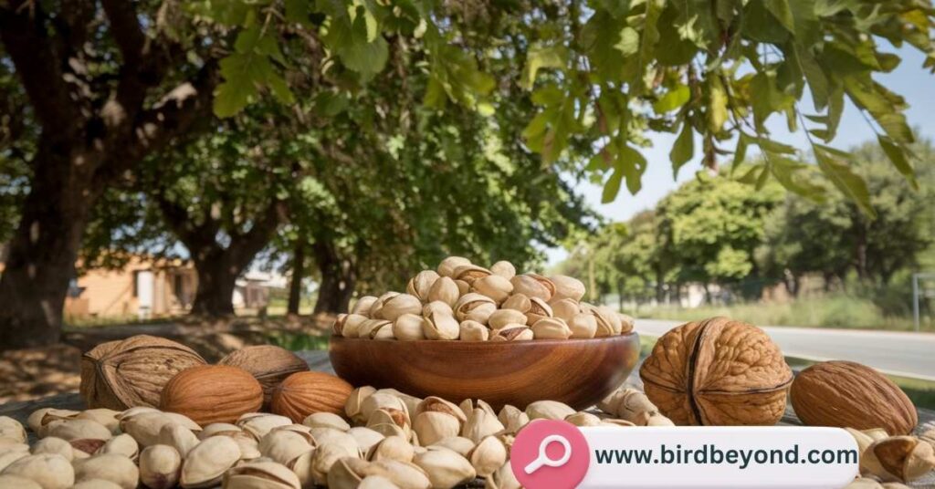 A pile of salted and flavored pistachios, which should be avoided when feeding birds due to added salt and artificial ingredients.