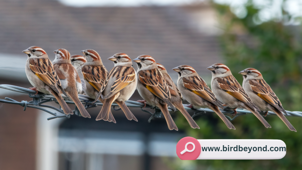 Sparrows feeding on seeds, showcasing their social behavior and distinctive seed-cracking beaks.