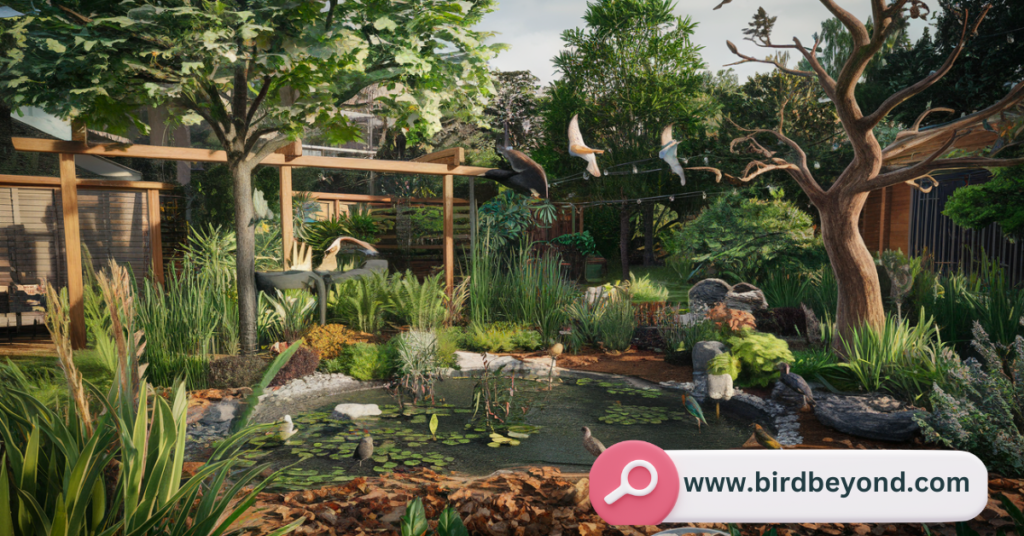 A vibrant garden with various plants and flowers, birds fluttering around, some perched on branches, others picking insects off plants. The scene highlights the positive role birds play in maintaining a healthy ecosystem.