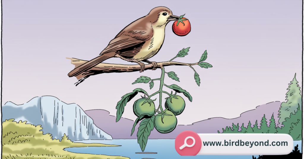 A bird perched on a branch, holding a ripe tomato in its beak, with green tomatoes hanging below. The background shows a scenic lake and mountains, with trees on the horizon.