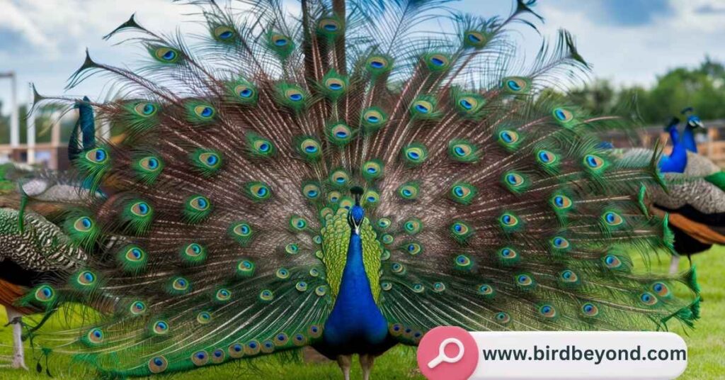 A majestic peacock with its vibrant tail feathers fanned out, surrounded by other peacocks in a lush green field under a clear sky with a few clouds.