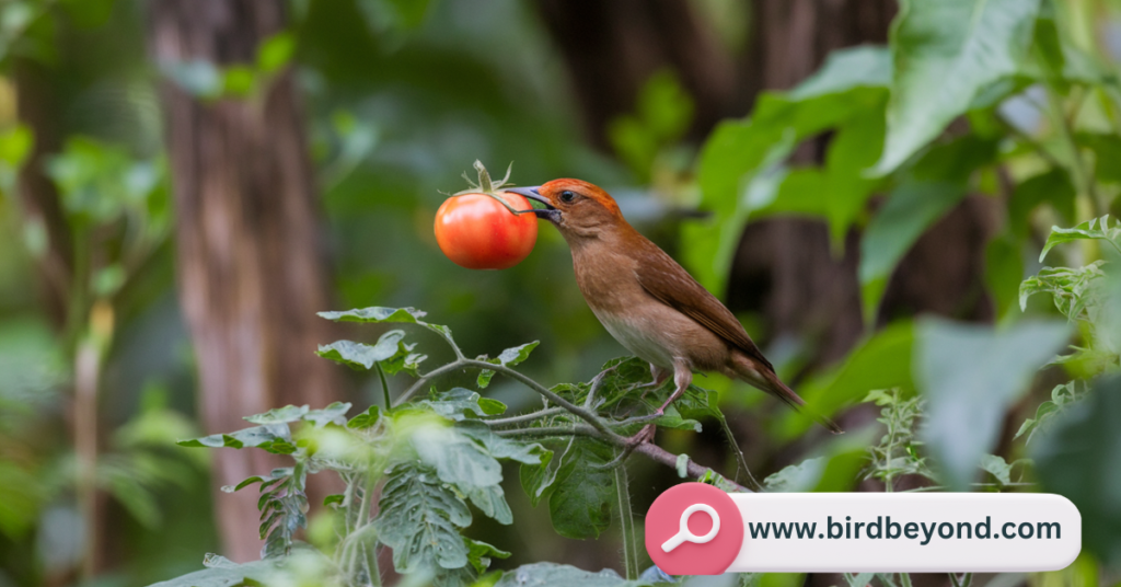 A variety of bird species, including cardinals, blue jays, and robins, pecking at ripe tomatoes on the vine in a sunny garden.