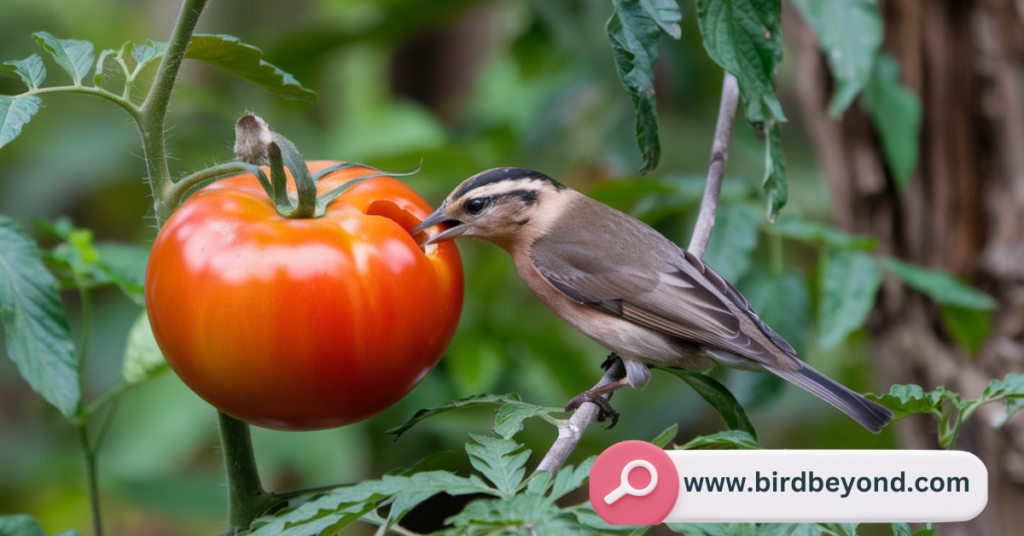 A small bird pecking at a ripe tomato on the vine in a garden. The bird, with a brown body and black-and-white head markings, sits perched near the bright red tomato among green leaves.