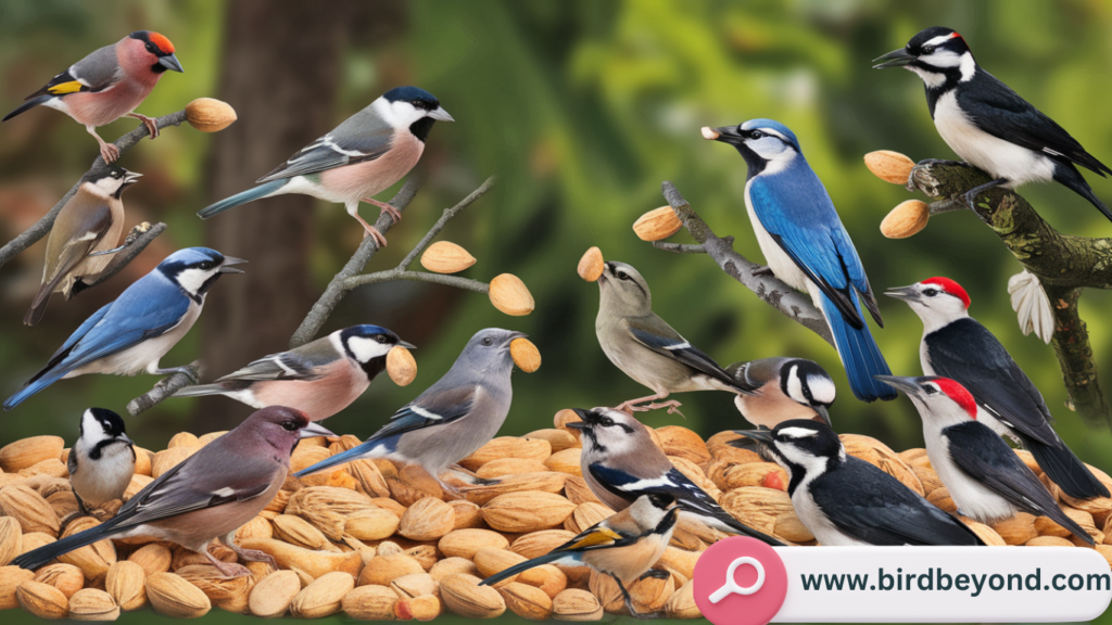 Variety of bird species, including parrots, finches, and woodpeckers, that can safely eat almonds when prepared properly.