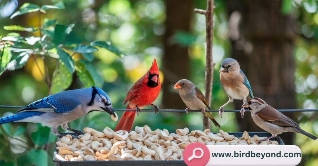 Various birds that can eat cashews, including parrots and jays, enjoying cashew nuts safely.