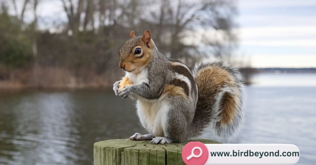 Squirrel eating cat food from a bowl, highlighting the reasons behind squirrels' attraction to high-protein and high-fat cat food.