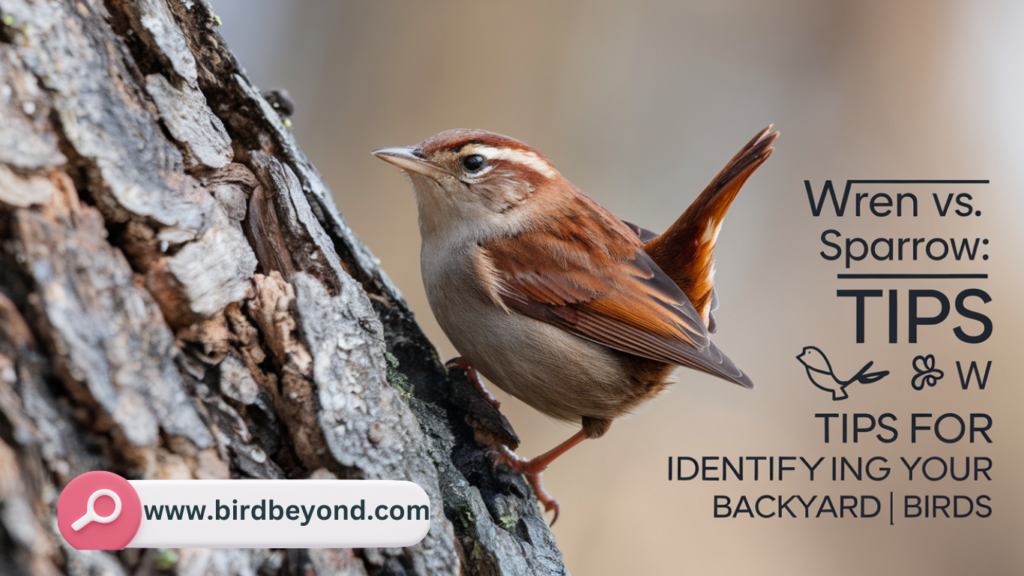 A wren and a sparrow perched in a backyard, highlighting the key differences in size, beak shape, and behavior for easy identification.