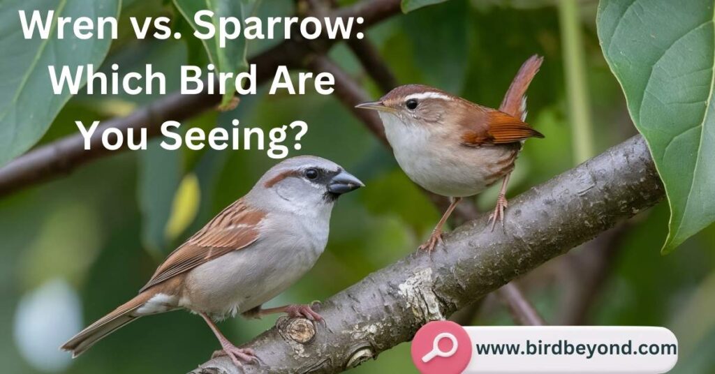 A side-by-side comparison of a wren and a sparrow perched on a branch, highlighting their distinctive features for easy identification.