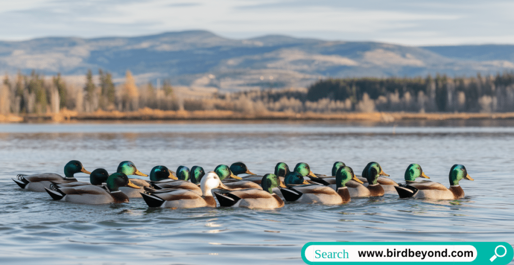 A diverse group of ducks displaying different behaviors—swimming, flying, and waddling—showcasing a feathered variety of activities