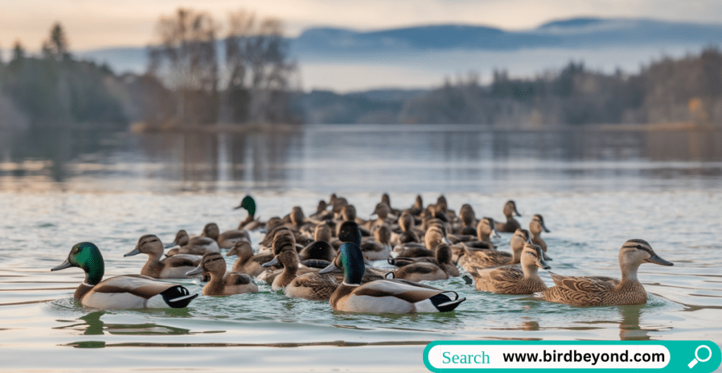 Illustration of ducks in different settings—on water, land, and in flight—representing various collective nouns in a linguistic journey through duck behavior