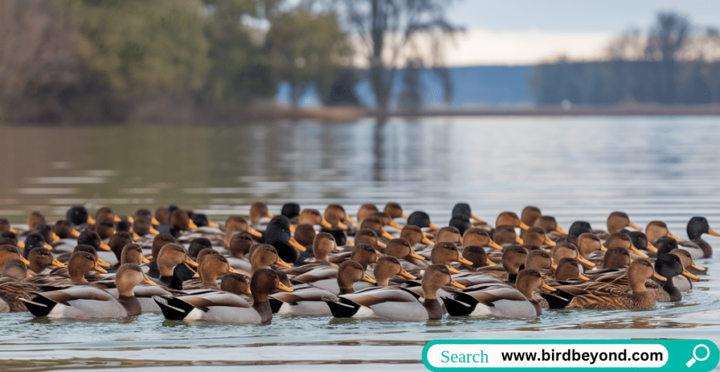 A group of ducks in different activities—swimming, flying, and walking—representing various collective nouns like raft, flight, and waddling