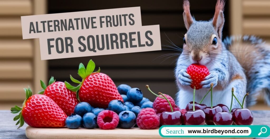 Variety of fruits like bananas, grapes, and berries that are safe and healthy alternatives for squirrels to eat