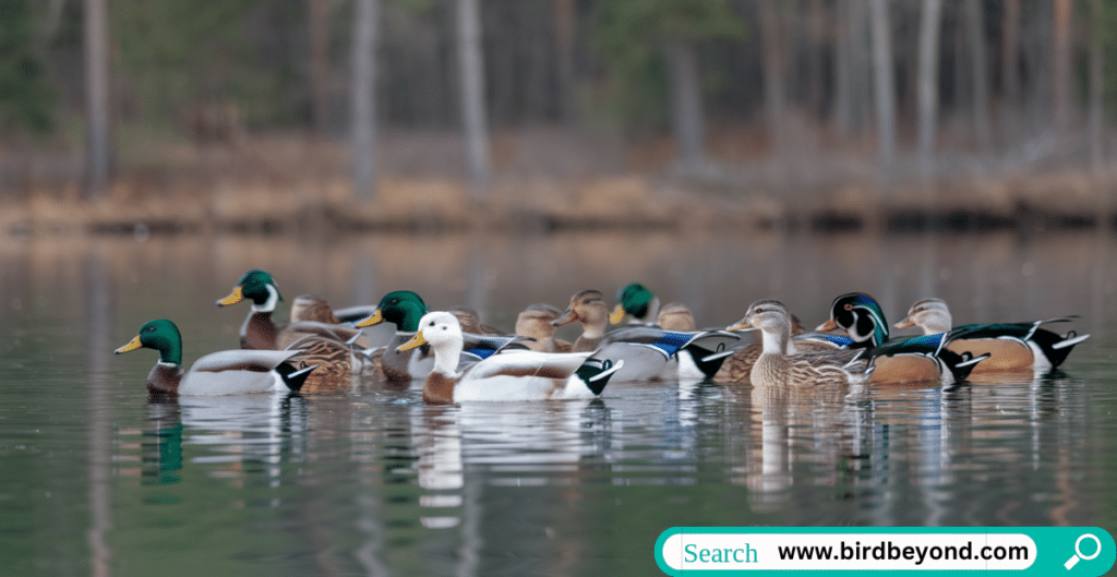 A group of ducks swimming closely together on a lake, representing an aquatic assembly of birds in their natural habitat