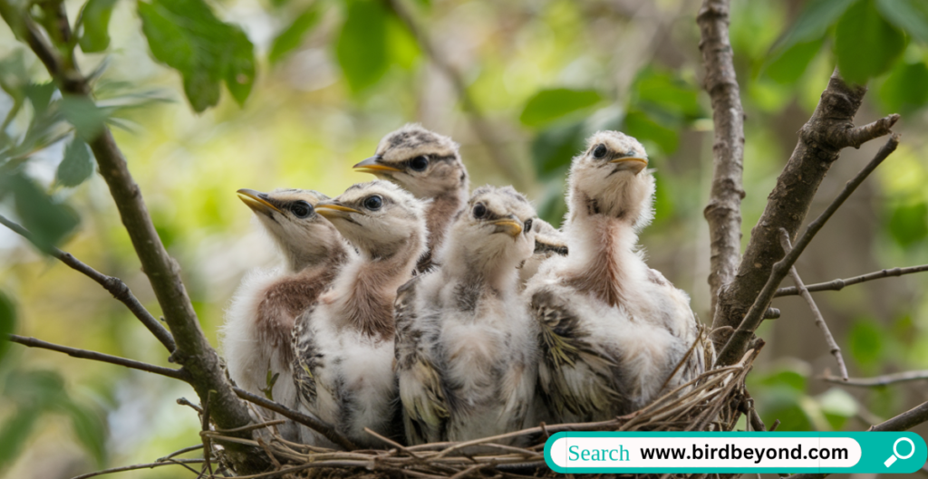 A collage of various baby birds, including a chick with fluffy feathers, a nestling with wide eyes, and a fledgling practicing its first flight.