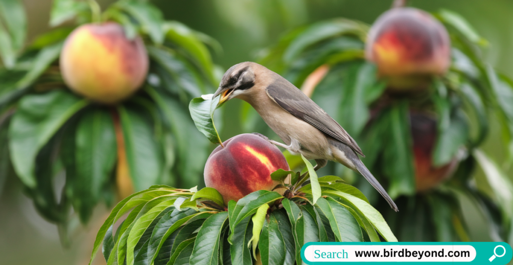 A colorful mix of backyard birds gathering around sliced peaches on a feeder