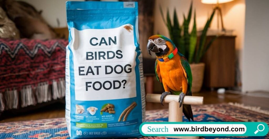 A variety of birds eating softened dog food, demonstrating how dog food can be a nutritious option for birds.