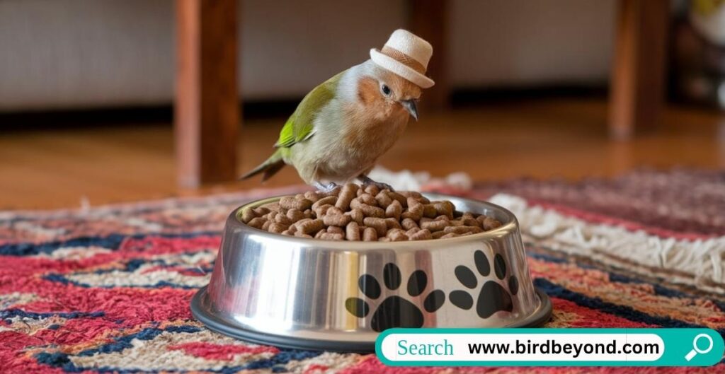 Birds eating softened dog food from a feeder, highlighting how dog food can be a valuable source of nutrition for various bird species.