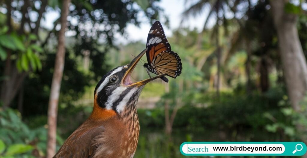 A yellow bird flying near colorful butterflies feeding on flowers, illustrating the predator-prey relationship between birds and butterflies.