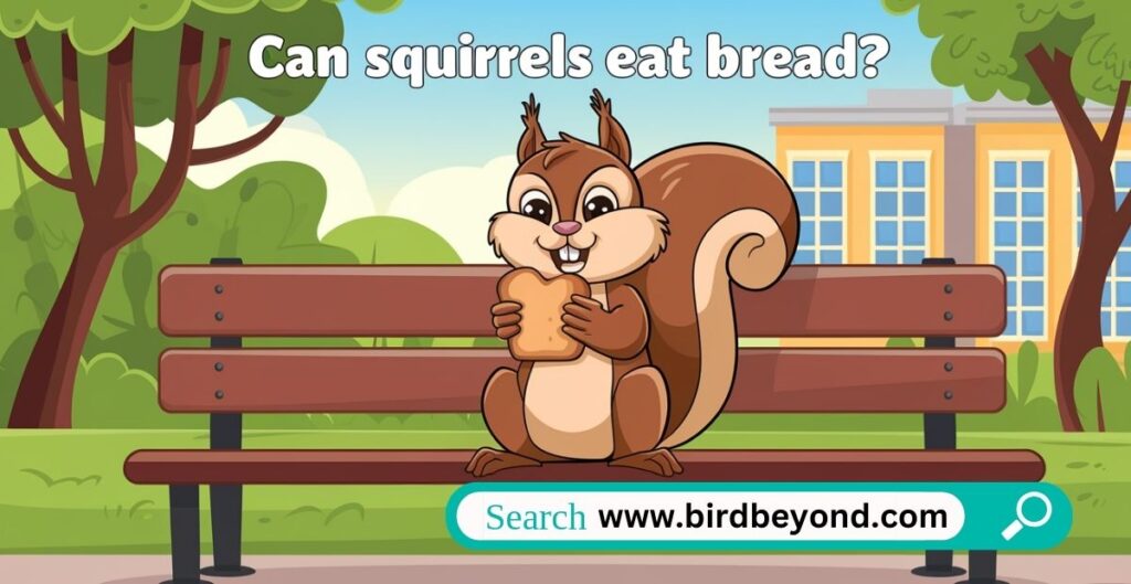 A squirrel eating a piece of bread with a caption that says 'Bread-ucate Your Squirrels