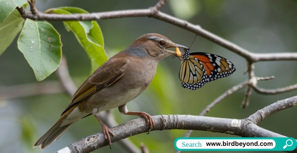 A bird swooping down on a butterfly above blooming flowers, representing the natural interaction between birds and butterflies in the ecosystem.