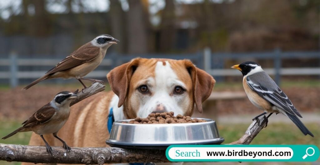 Bluebird perched on a bowl of dog food, showcasing the surprising relationship between birds and dog food as a source of protein.