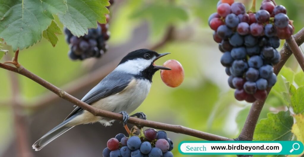 A colorful assortment of grapes, both red and green, placed on a wooden table, with a bird perched nearby.