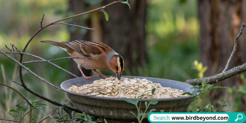 A variety of wild birds enjoying a meal of oats, highlighting the nutritional benefits of oats in their diet.