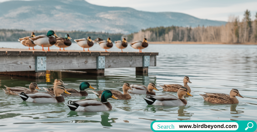 A group of ducks swimming together in a lake, showcasing the concept of collective nouns for ducks such as a raft or paddling