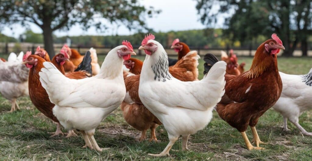 Commercial egg production with chickens in cages