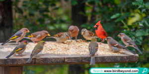 Various wild birds gathered around a feeder enjoying rolled oats, showcasing oats as a nutritious food source in their diet.