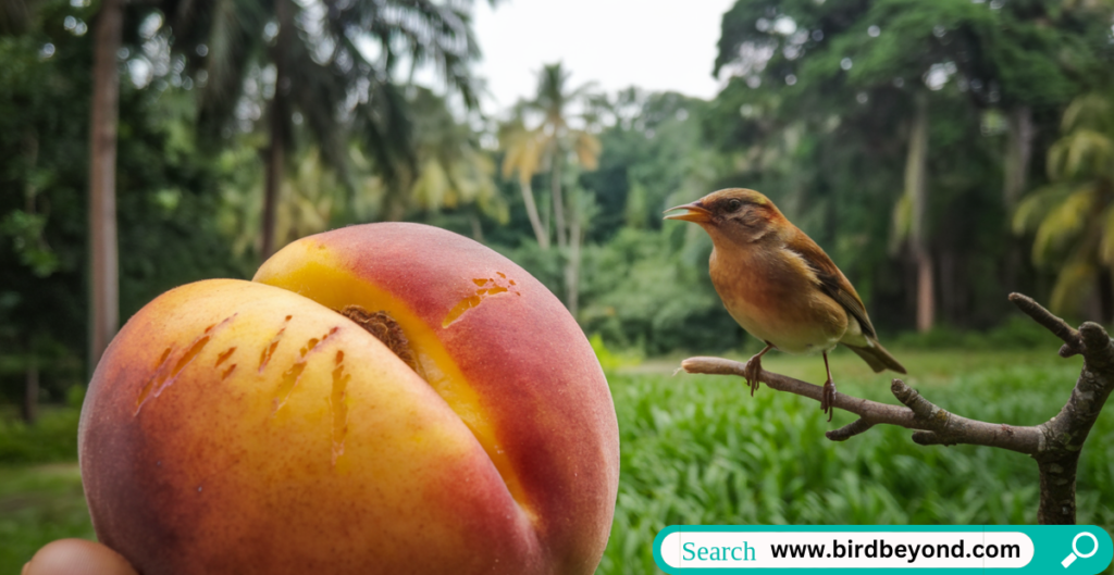 A bird feeding on peach slices placed on a wooden bird feeder, surrounded by greenery